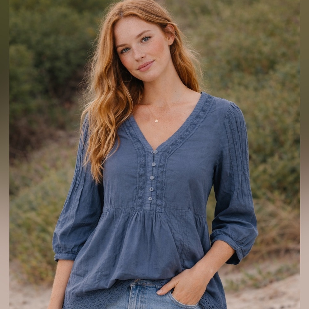 Johnny Was Slate Blue V-Neck Blouse